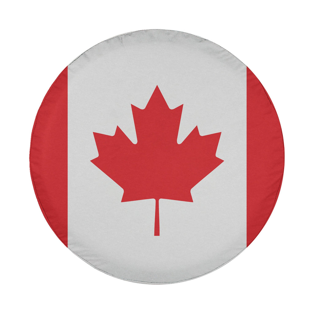 Canadian Maple Leaf flag spare tire cover on red Jeep Wrangler with desert backdrop featuring red and white design