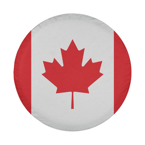 Canadian Maple Leaf flag spare tire cover on red Jeep Wrangler with desert backdrop featuring red and white design