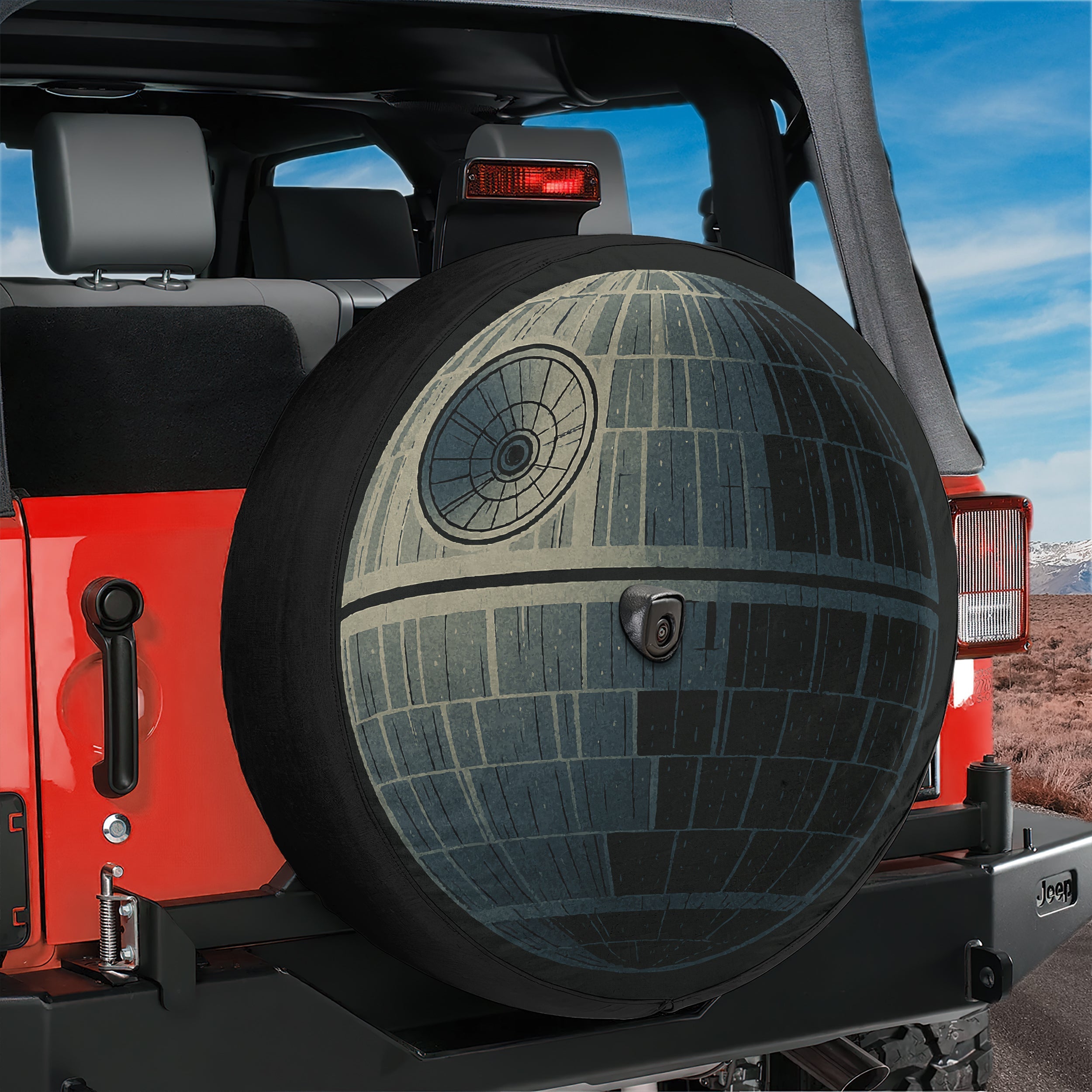 That's No Moon spare tire cover flat view with gray Death Star sci-fi battle station