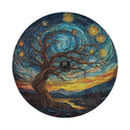 Abstract Sunset Skyline spare tire cover mounted on a red Bronco rear with bold artistic sunset cityscape art