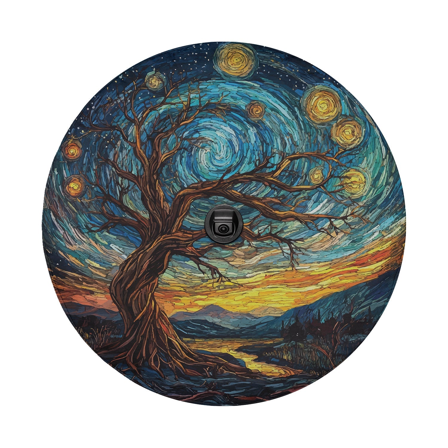 Abstract Sunset Skyline spare tire cover mounted on a red Bronco rear with bold artistic sunset cityscape art