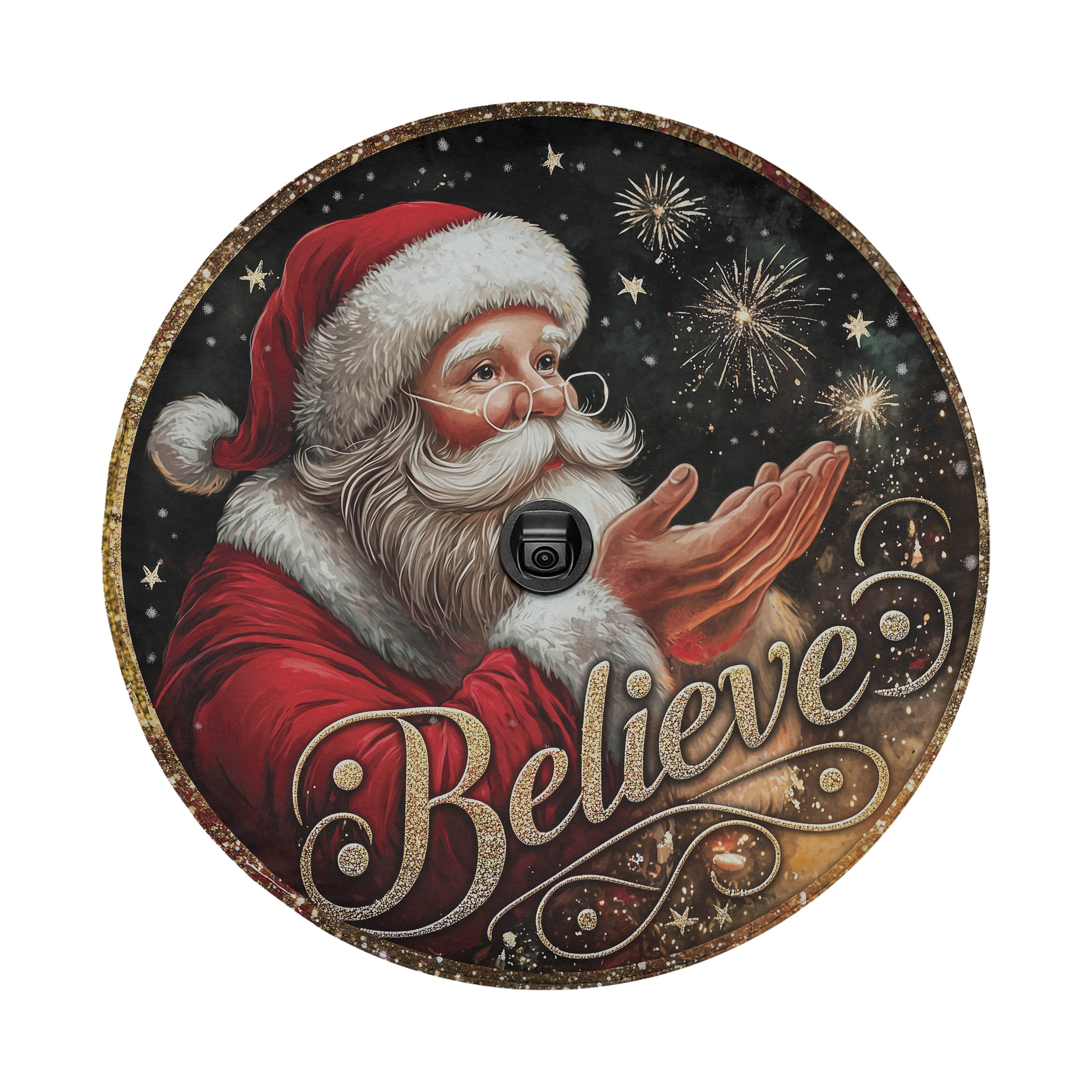 Santa Claus blowing out fireworks with the word "Believe" written below.