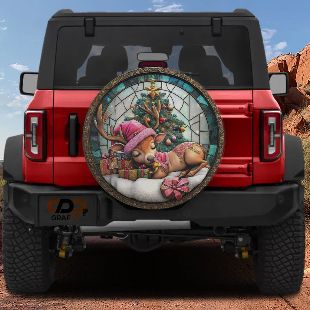 Baby Reindeer stained glass spare tire cover on red Bronco sleeping pink hat fawn Christmas tree
