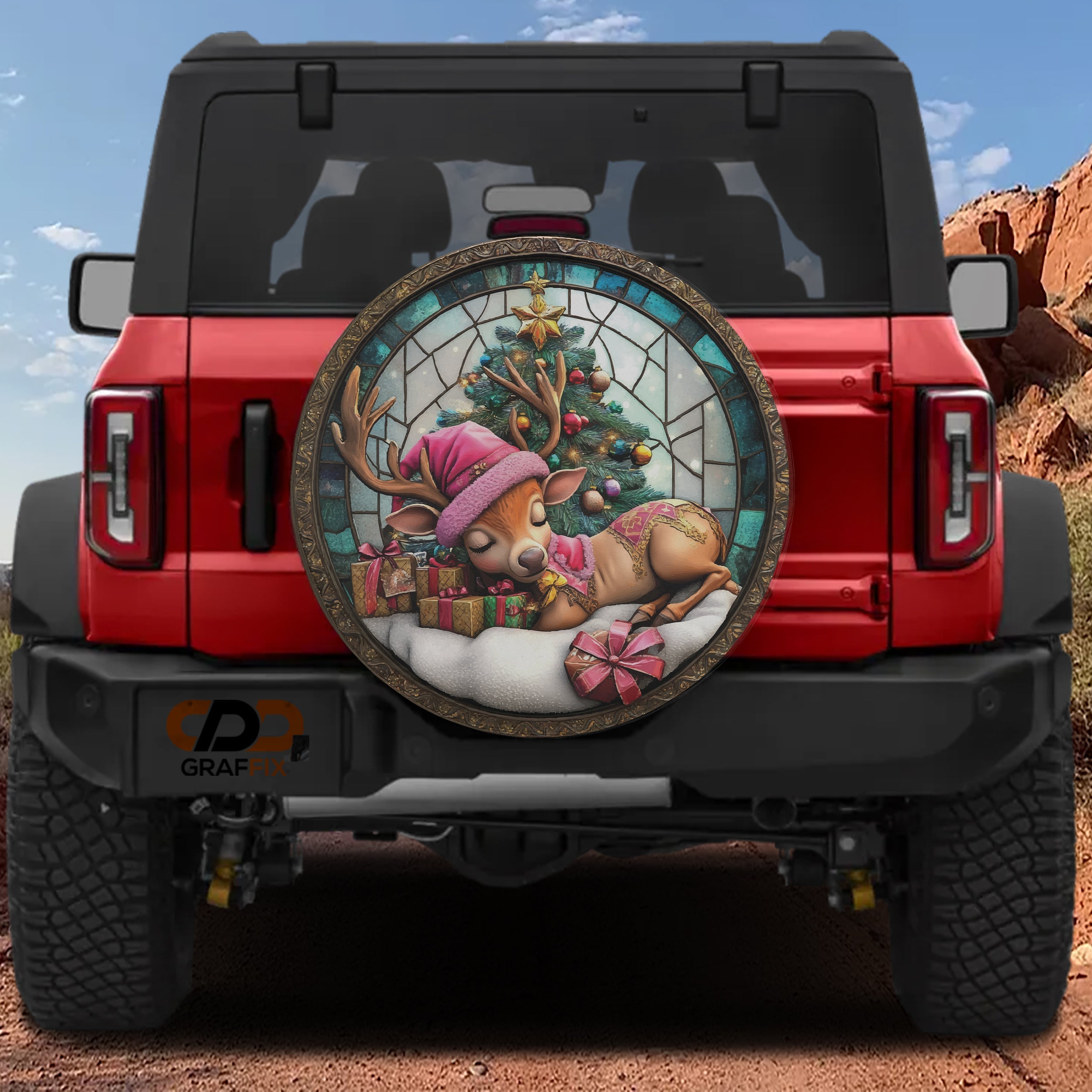 Baby Reindeer stained glass spare tire cover on red Bronco sleeping pink hat fawn Christmas tree