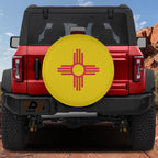 New Mexico State Flag spare tire cover round design with red Zia sun symbol on bright yellow field