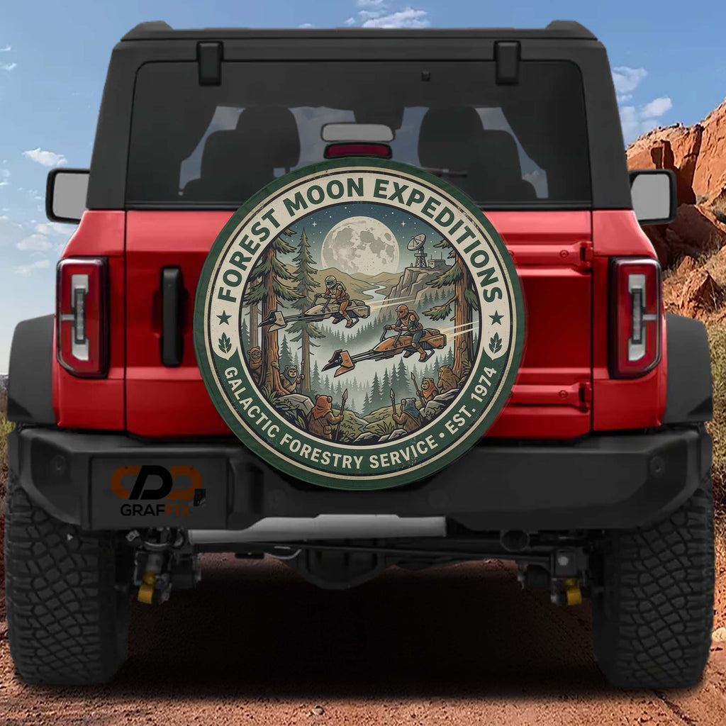 a red Jeep Wrangler with a large circular decal on the rear window that says "FOREST MOON EXPLORATIONS" and "GALACTIC FORESTRY SERVICE. EST. 1974".