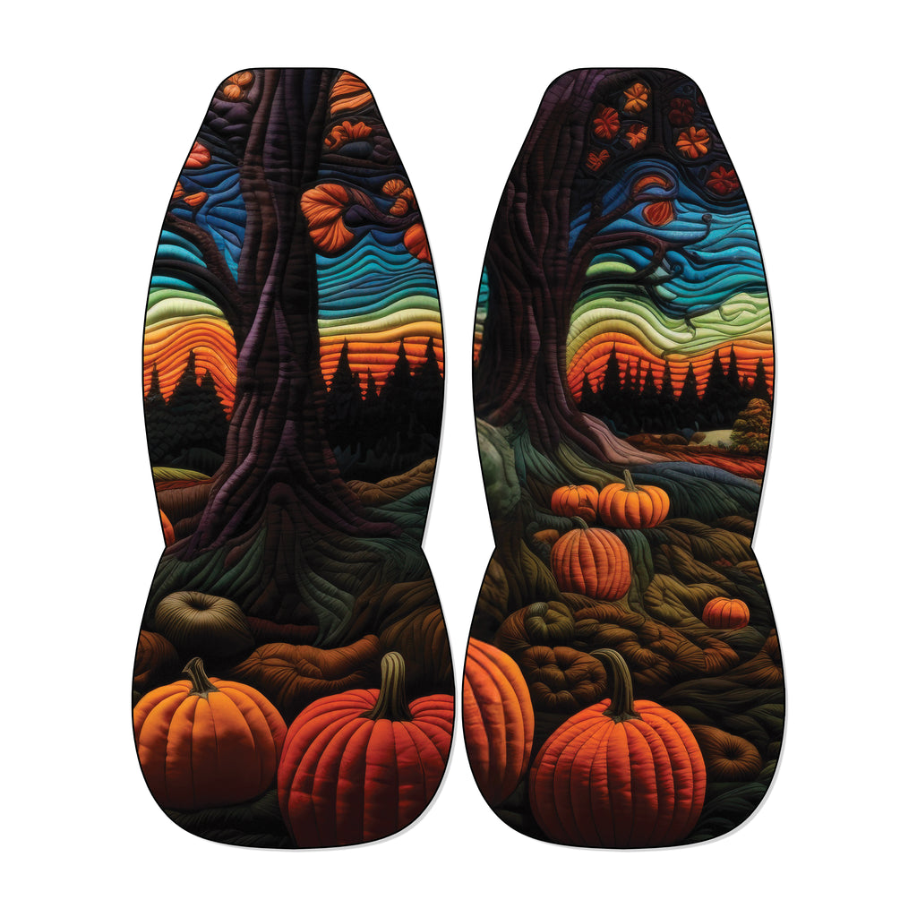 a pair of car seat covers with a vibrant autumn landscape design. The covers are adorned with a variety of pumpkins and trees, creating a colorful and festive scene.