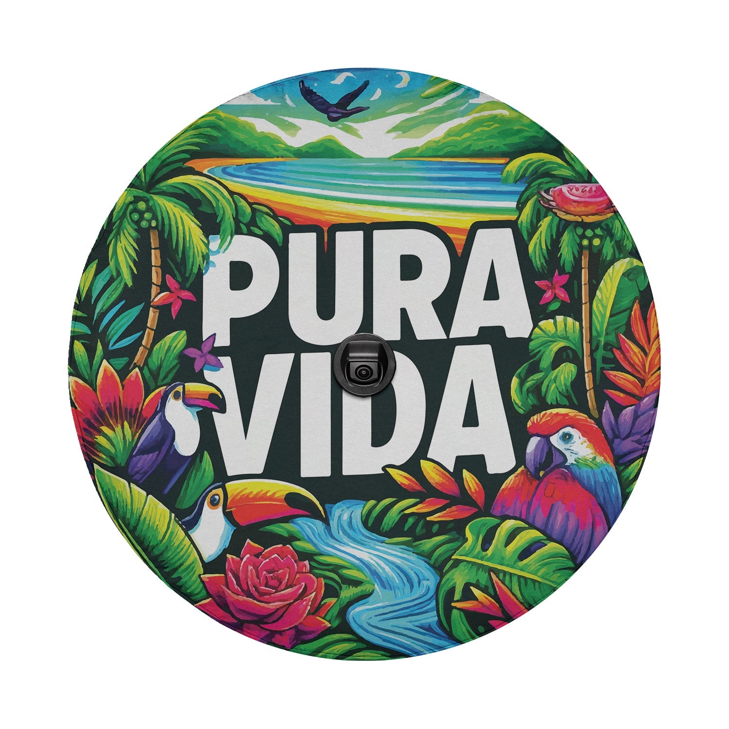 Tropical Pura Vida birds spare tire cover round art with central camera cutout in lush jungle setting