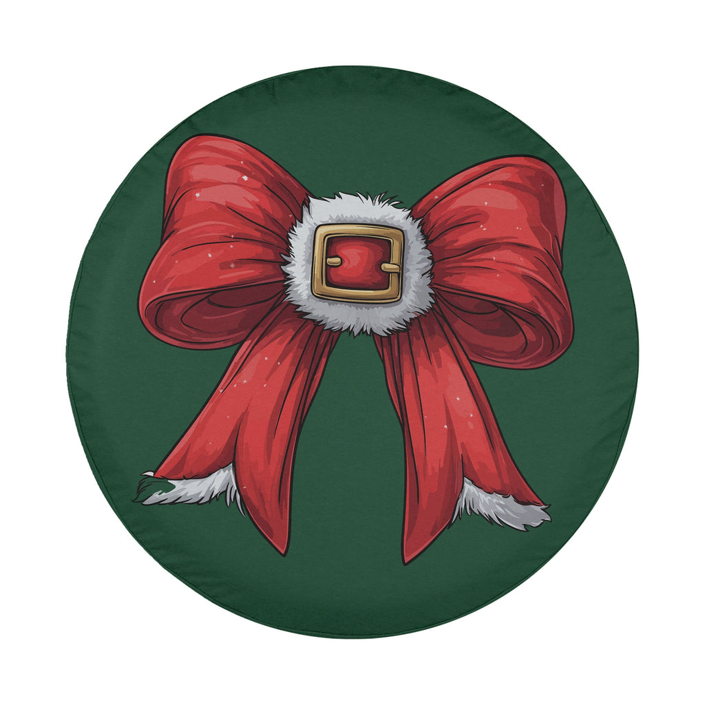 Coquette Santa Belt Bow spare tire cover round artwork green base red ribbon white fur trim accents