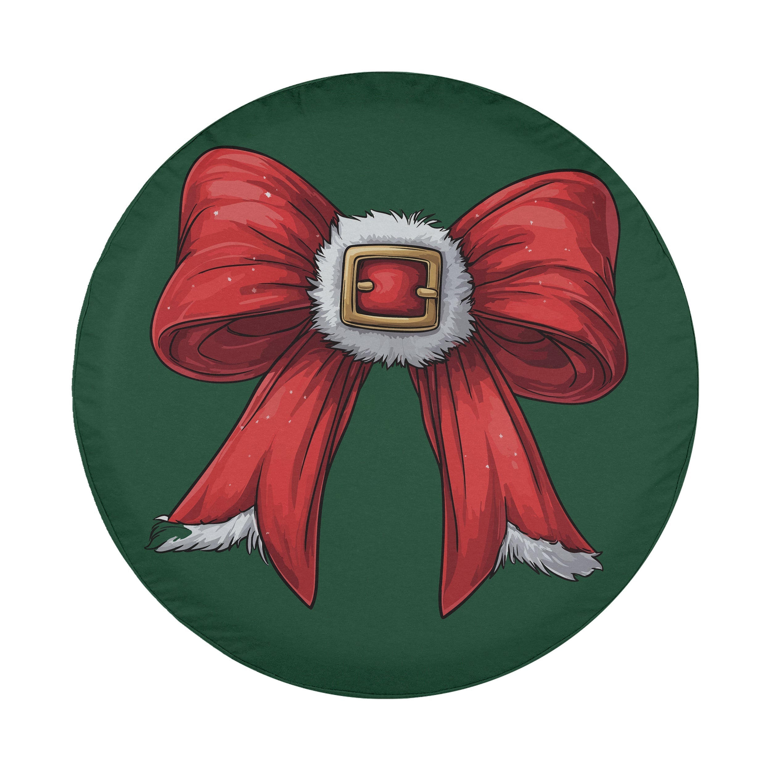 Coquette Santa Belt Bow spare tire cover round artwork green base red ribbon white fur trim accents