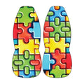 Colorful puzzle piece front car seat covers with interlocking jigsaw print on universal bucket seats