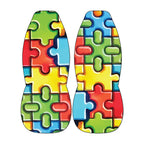 Colorful puzzle piece front car seat covers with interlocking jigsaw print on universal bucket seats