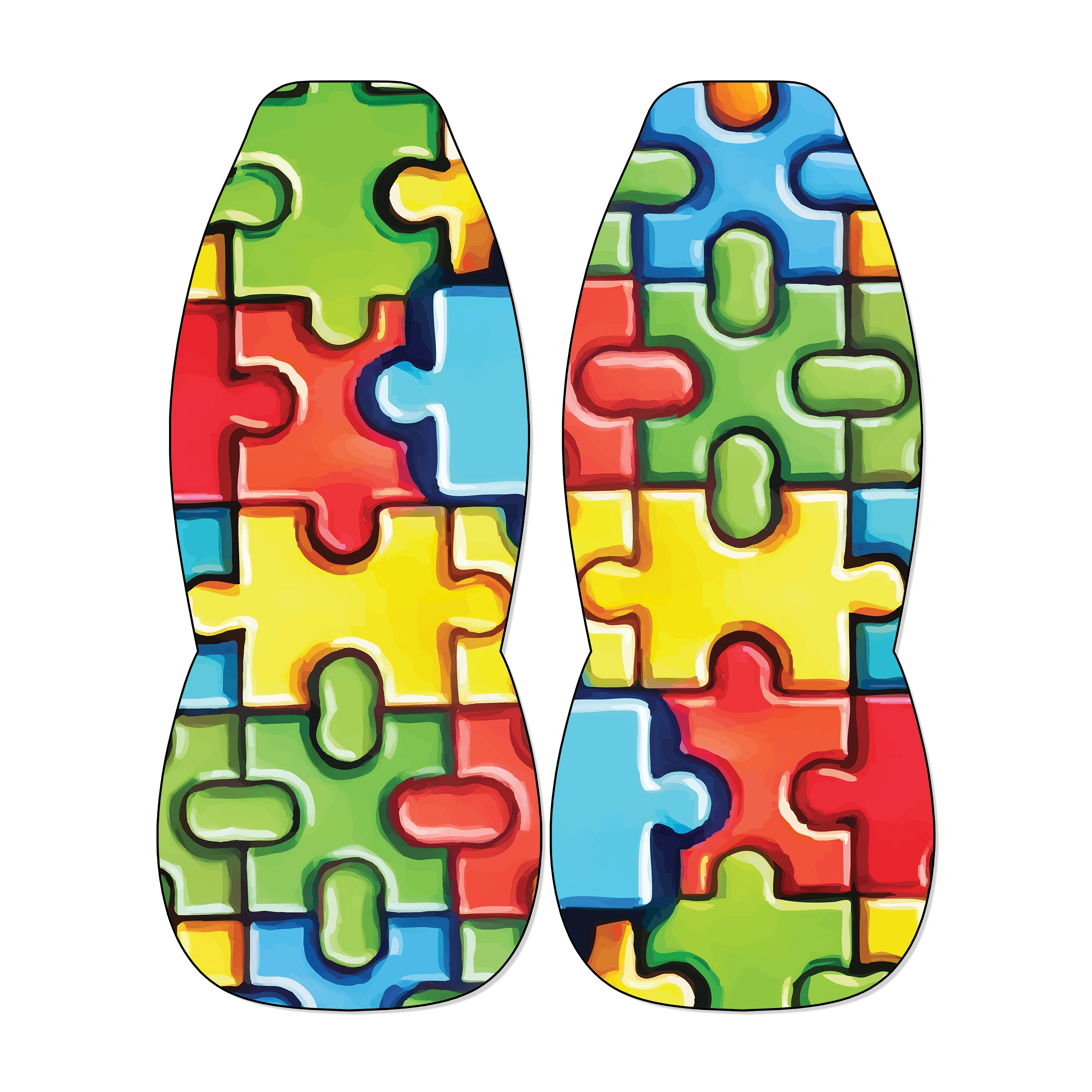 Colorful puzzle piece front car seat covers with interlocking jigsaw print on universal bucket seats