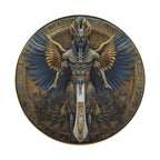 Flat Egyptian pharaoh winged deity spare tire cover artwork with hieroglyph border and golden wings design