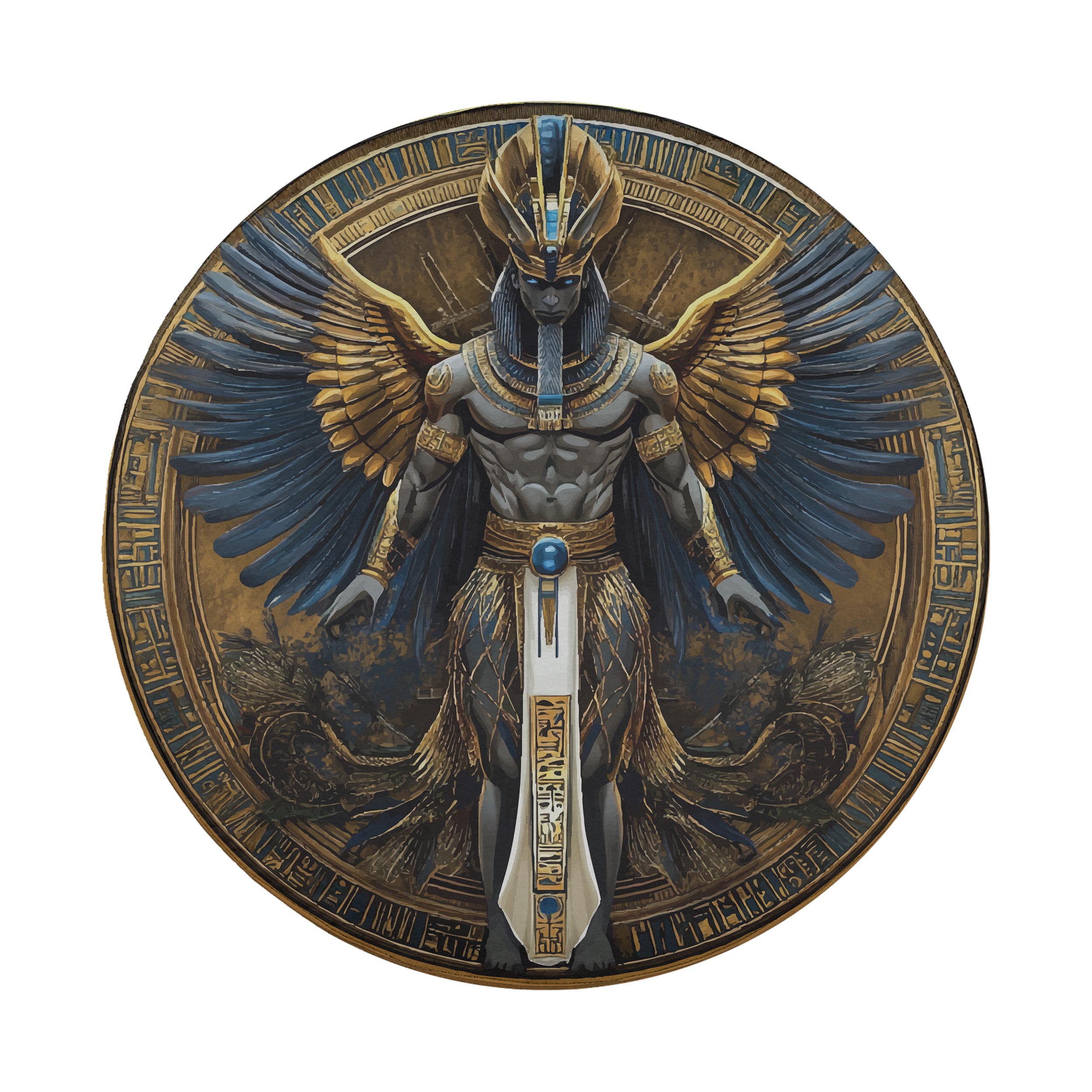 Flat Egyptian pharaoh winged deity spare tire cover artwork with hieroglyph border and golden wings design