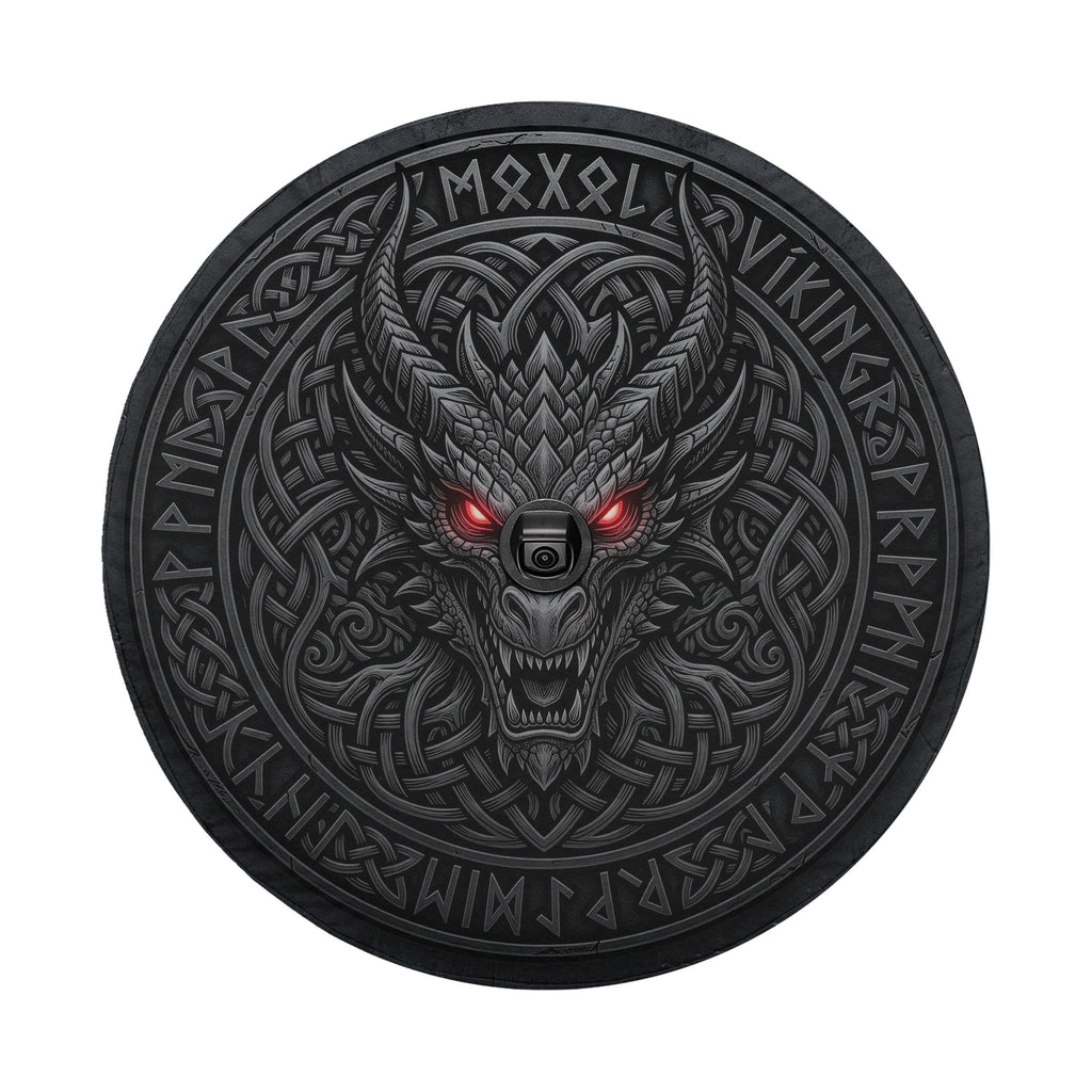 A dark, intricate circular design featuring a fierce-looking dragon head with glowing red eyes, surrounded by intricate patterns and symbols.