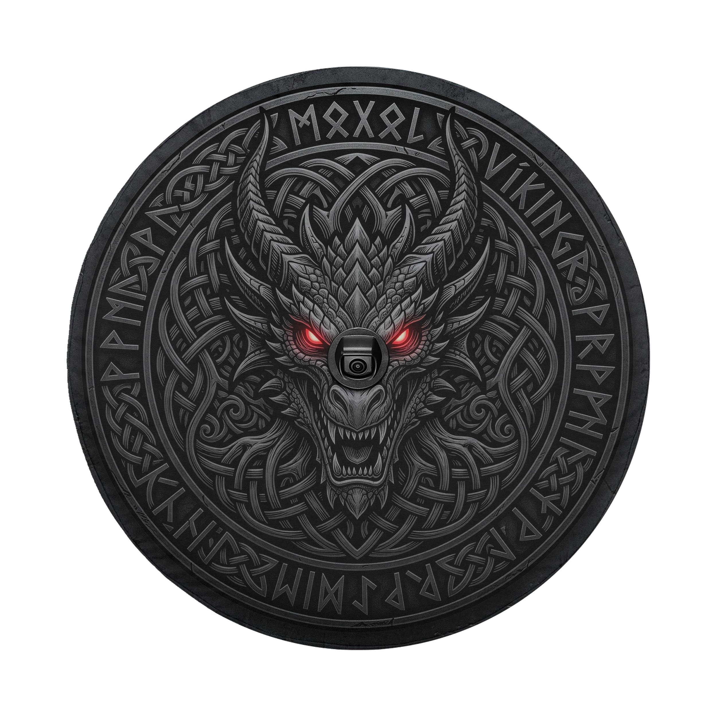 A dark, intricate circular design featuring a fierce-looking dragon head with glowing red eyes, surrounded by intricate patterns and symbols.