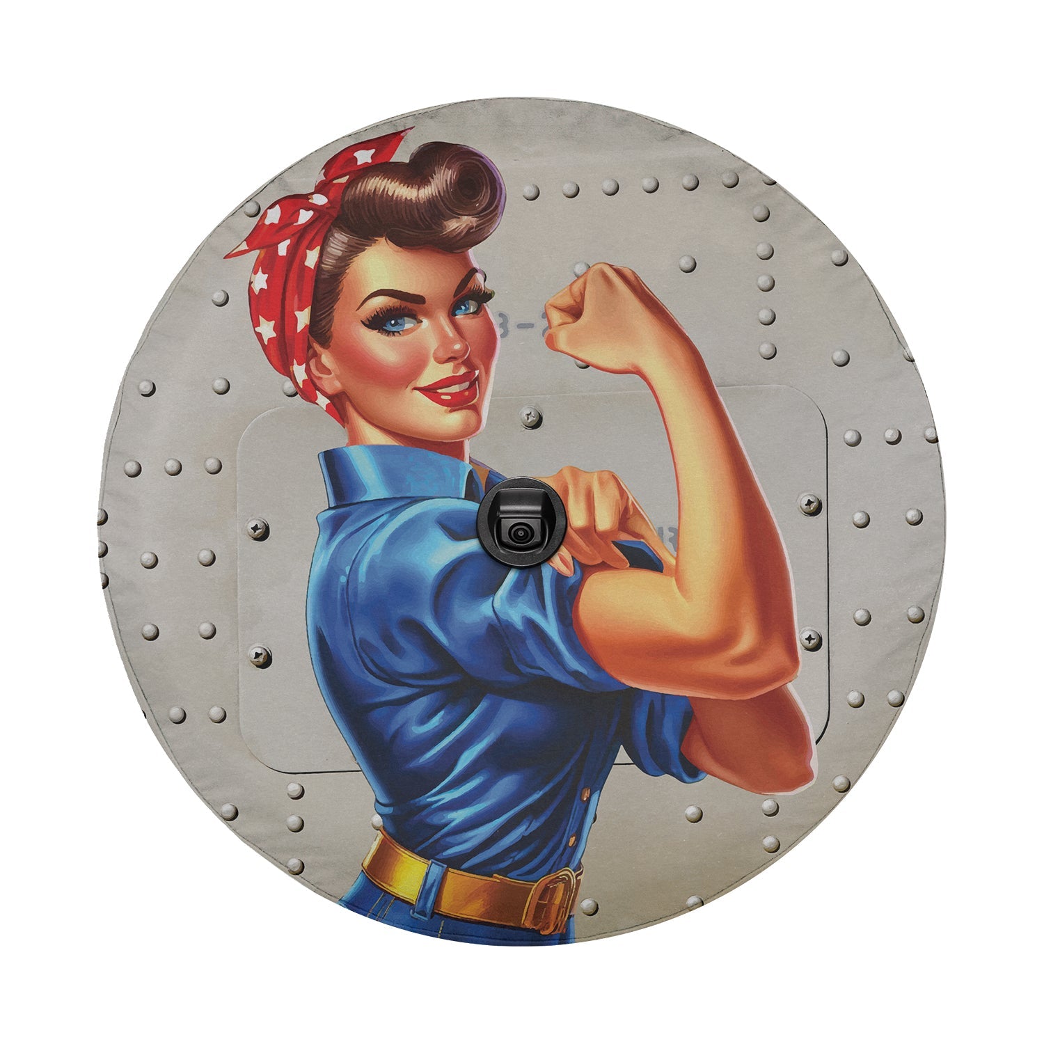 Flat round tire cover art of a flexing woman with red bandana over riveted metal panel design