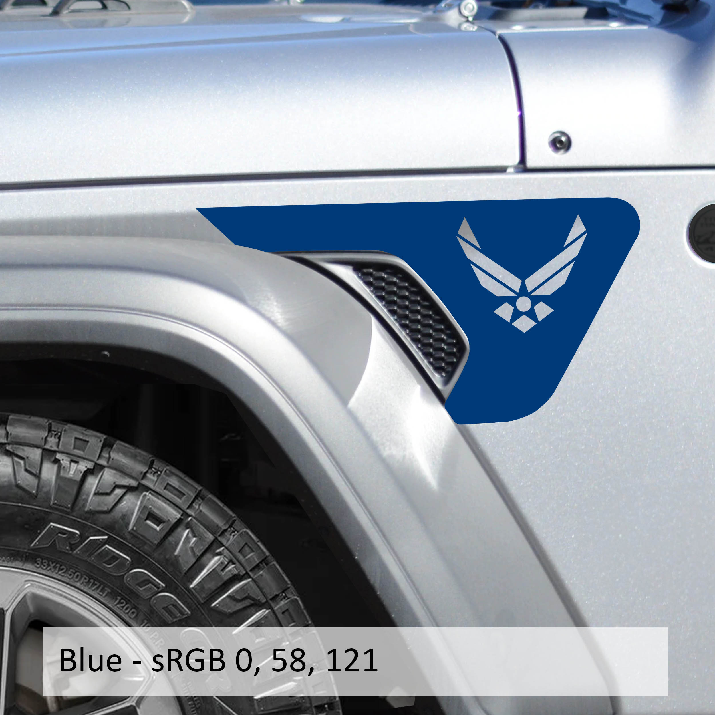 Blue US Air Force logo fender vent decal installed on Jeep Wrangler JL Gladiator billet vent