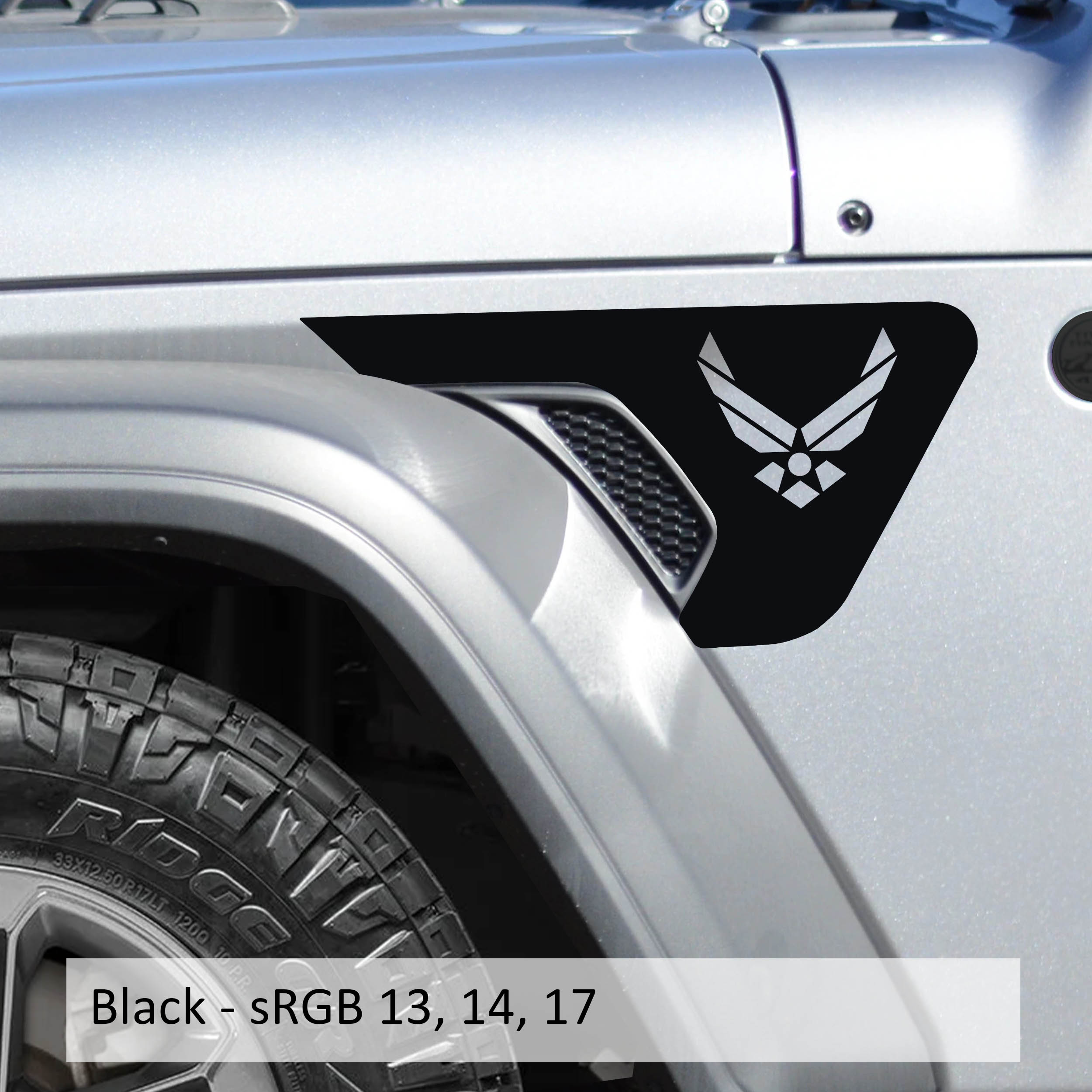 Black US Air Force fender vent decal installed on Jeep Wrangler JL Gladiator JT billet vent