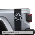 Black Alpha Romeo star bedside stripe decal pair installed on Jeep Wrangler JL pickup bed