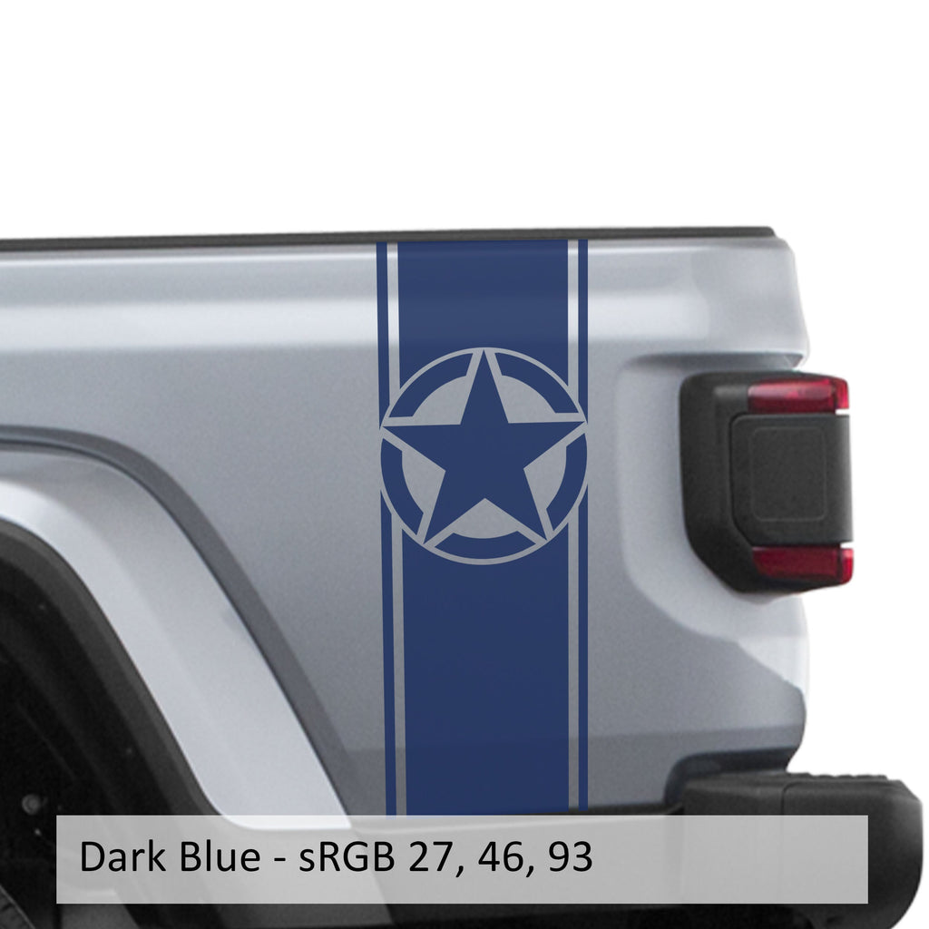 Dark blue Alpha Romeo star bedside stripe decal pair on Jeep Wrangler JL pickup bed