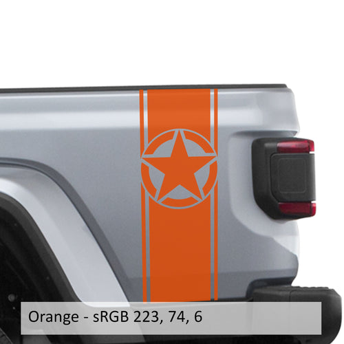 Orange Alpha Romeo star bedside stripe decal pair installed on Jeep Wrangler JL pickup bed