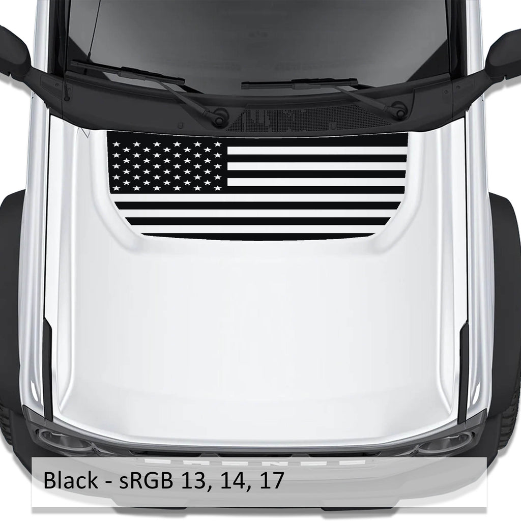 Black American flag blackout hood vinyl decal shown installed on white Ford Bronco 2021 plus model