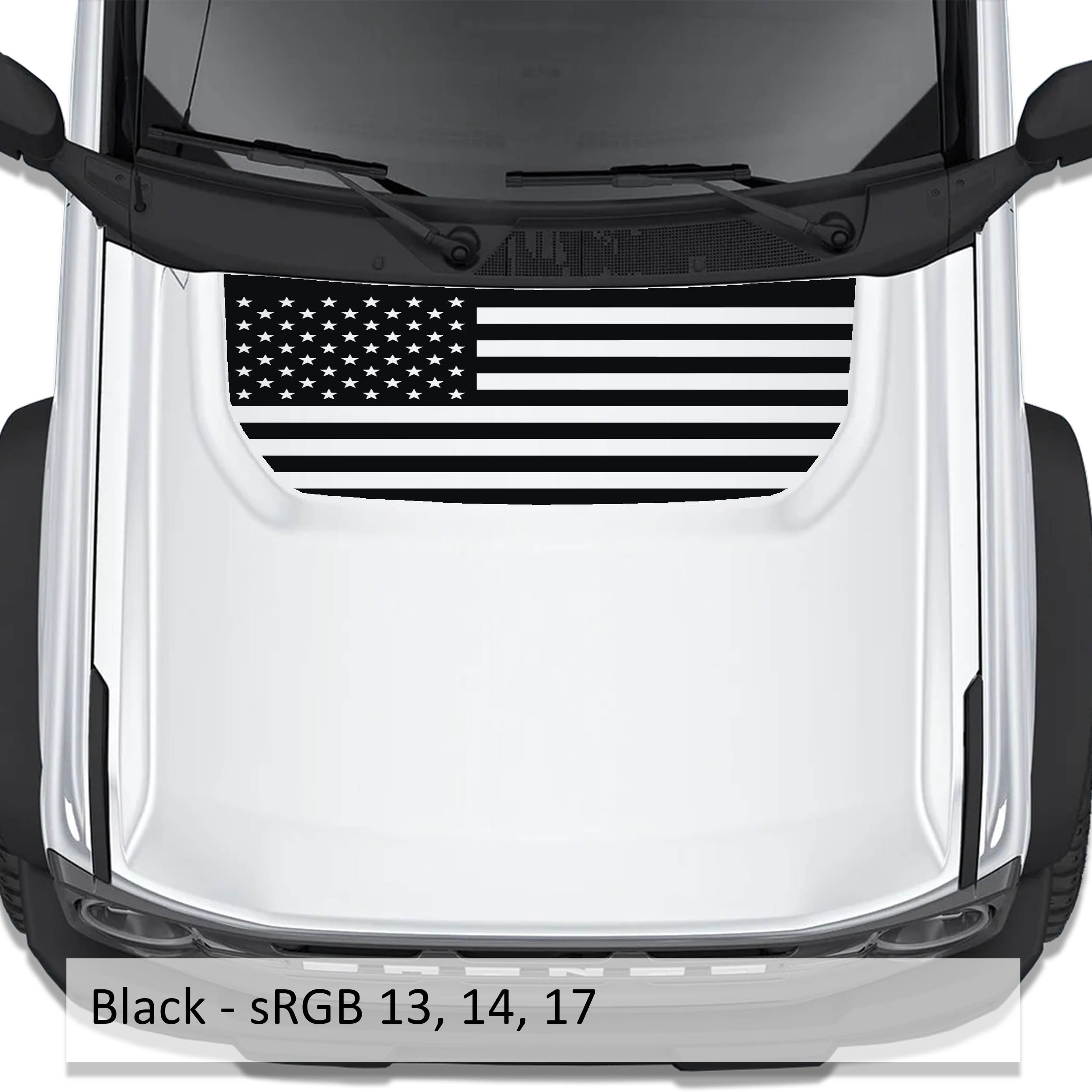 Black American flag blackout hood vinyl decal shown installed on white Ford Bronco 2021 plus model