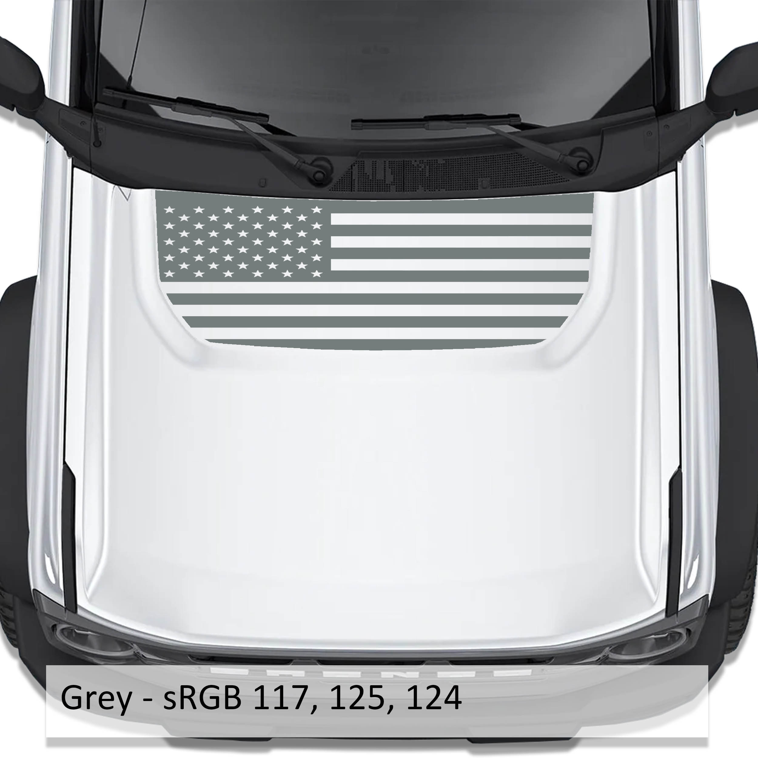 Grey American flag blackout hood vinyl decal shown installed on white Ford Bronco 2021 plus hood