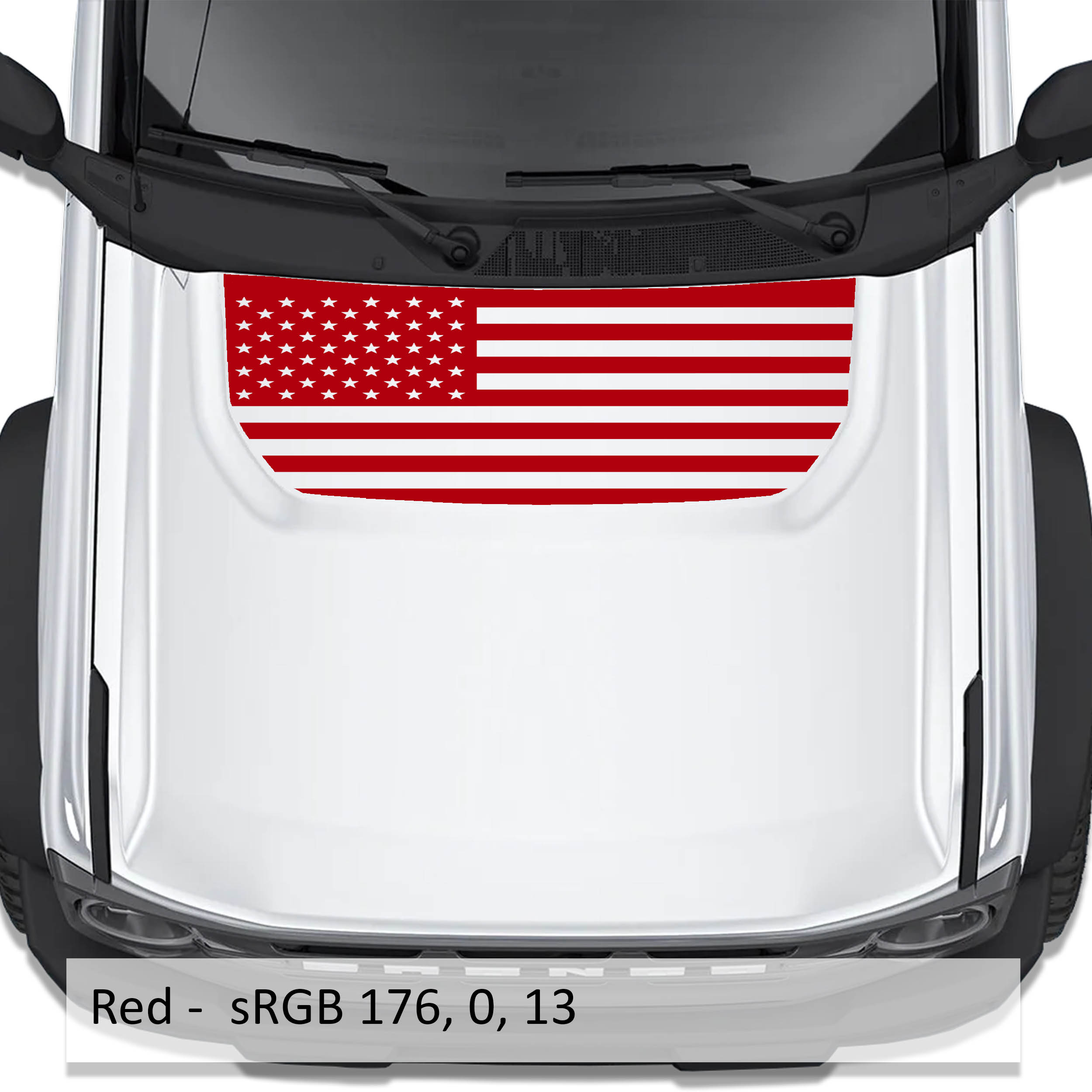 Red American flag blackout hood vinyl decal shown installed on white Ford Bronco 2021 plus model