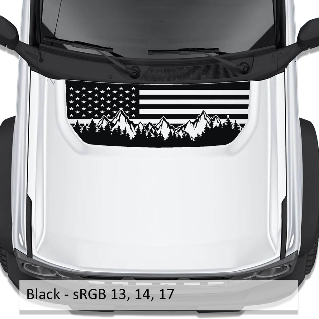 American Flag & Mountains black blackout hood vinyl decal preview displayed on the hood of a 2021+ Ford Bronco