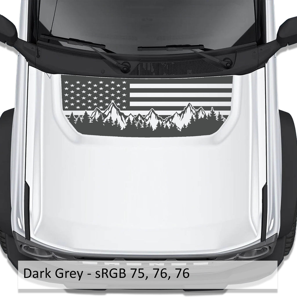 American Flag and Mountains hood vinyl decal in dark gray shown on a 2021+ Ford Bronco SUV hood