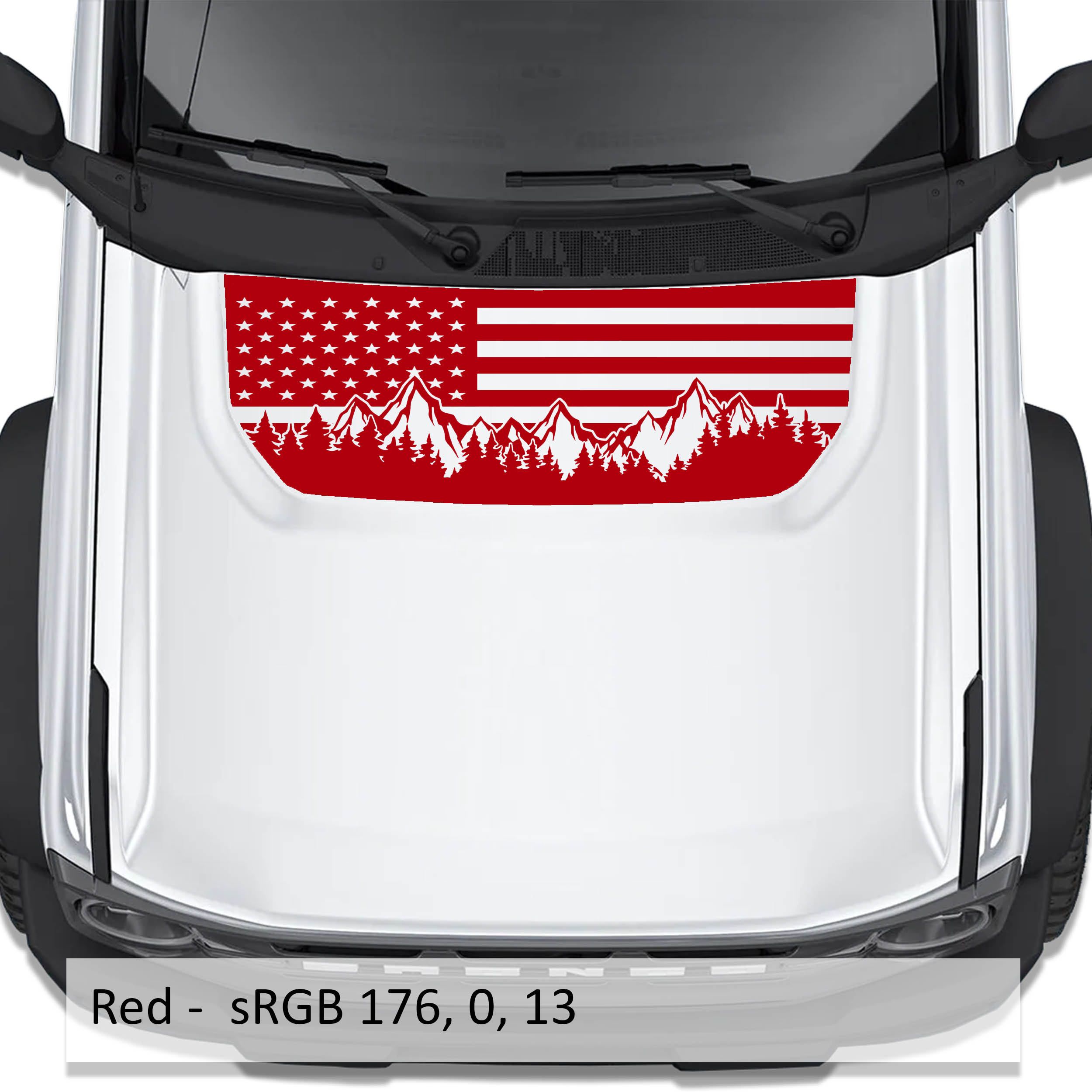 American Flag & Mountains blackout hood vinyl decal in red shown installed on the hood of a 2021+ Ford Bronco