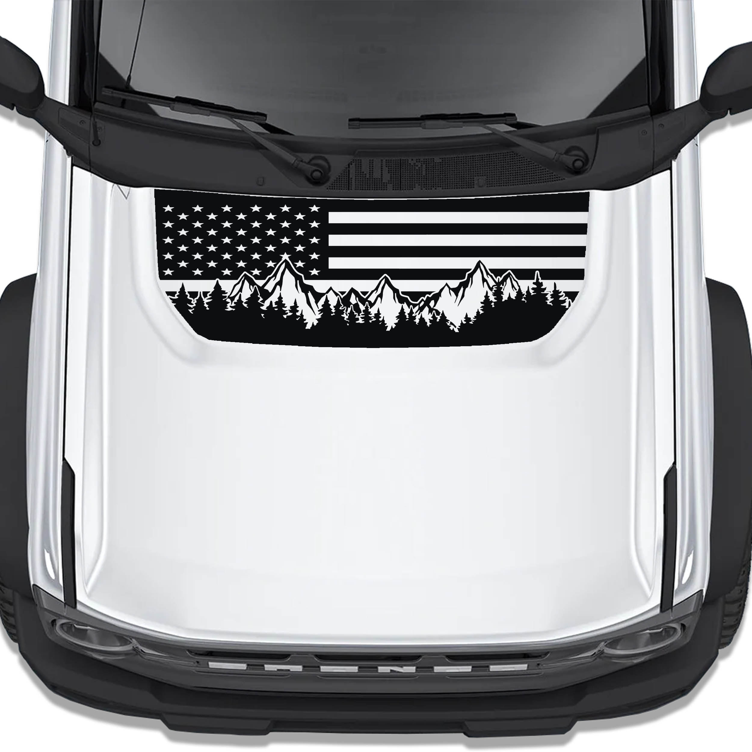 American Flag & Mountains blackout hood vinyl decal shown installed on the hood of a 2021+ Ford Bronco SUV