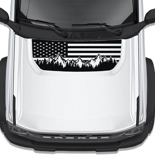 American Flag & Mountains blackout hood vinyl decal shown installed on the hood of a 2021+ Ford Bronco SUV