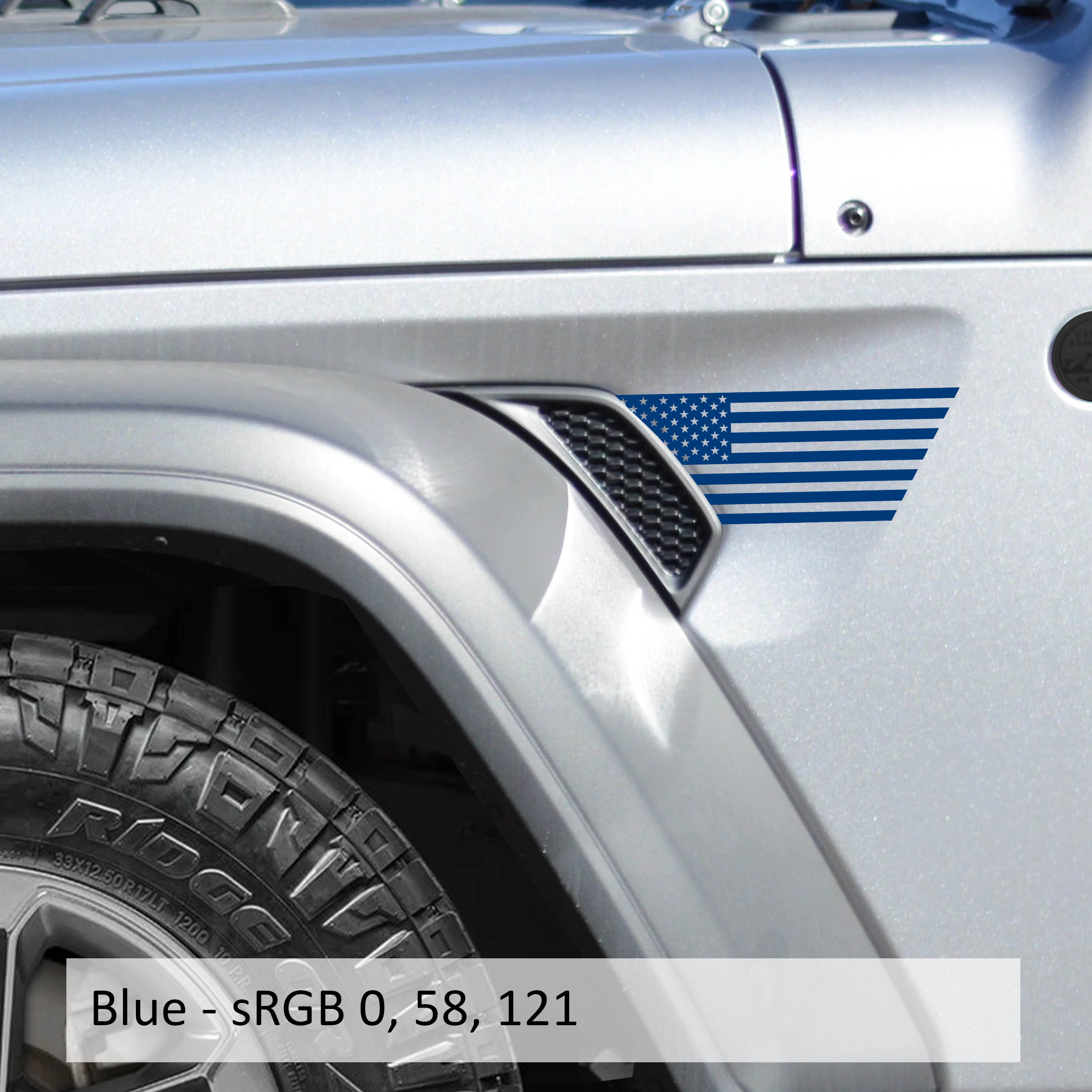 Blue American flag half fender vent decal pair shown flat for Jeep Wrangler JL and Gladiator JT