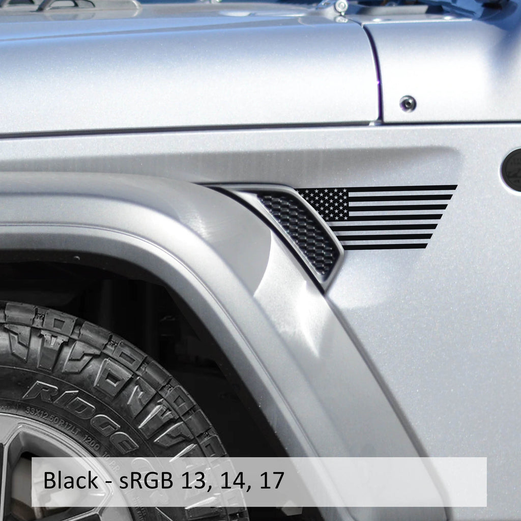 Black American flag half fender vent decal pair shown flat for Jeep Wrangler JL and Gladiator JT