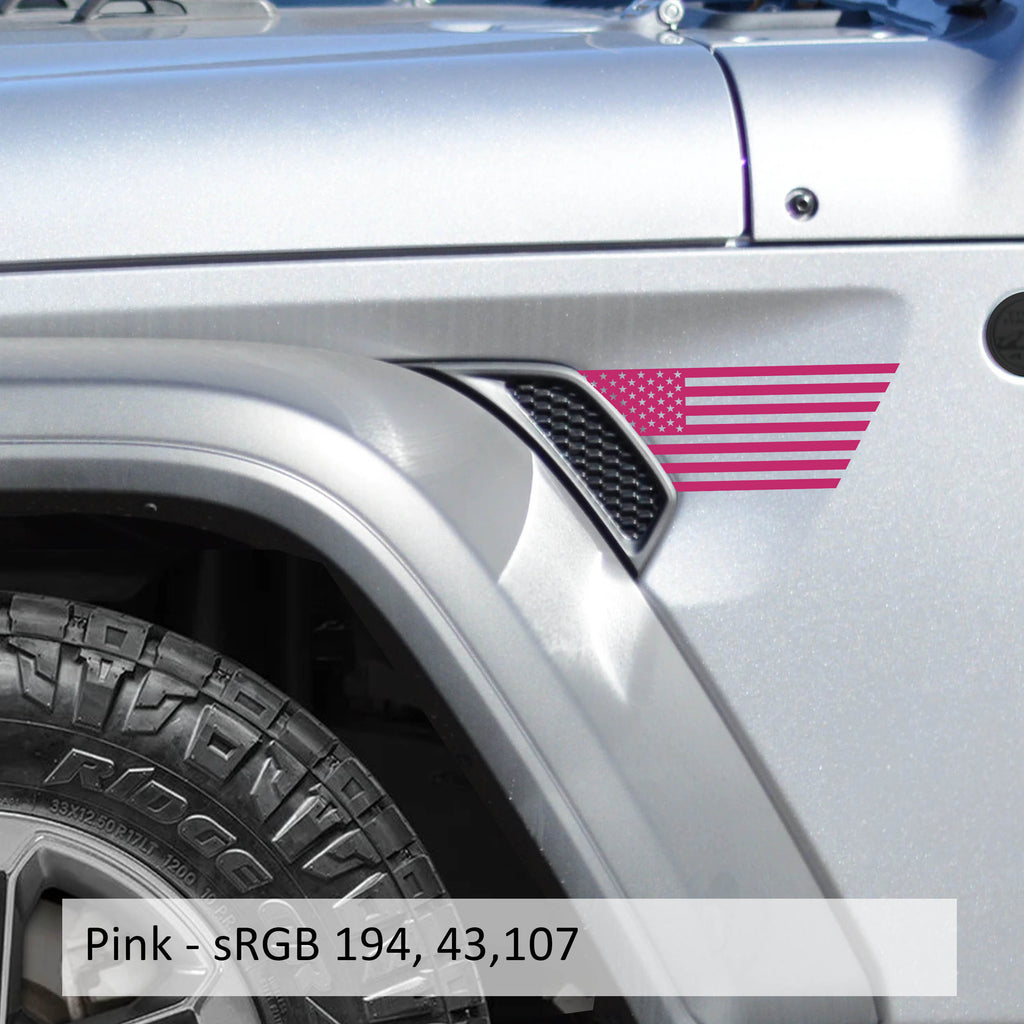 Pink American flag half fender vent decals applied to silver Jeep Wrangler JL billet vent panel