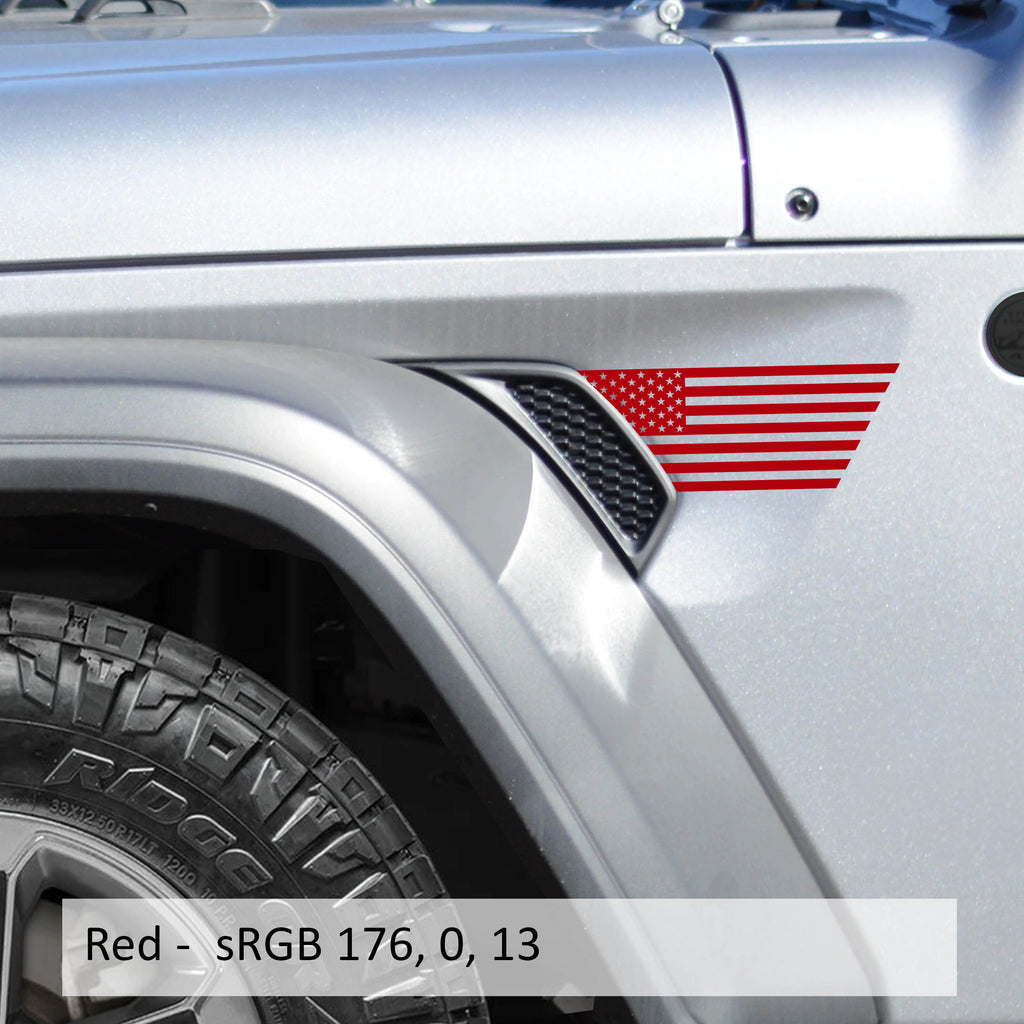 Red American flag half fender vent decals on silver Jeep Wrangler JL billet vent fender