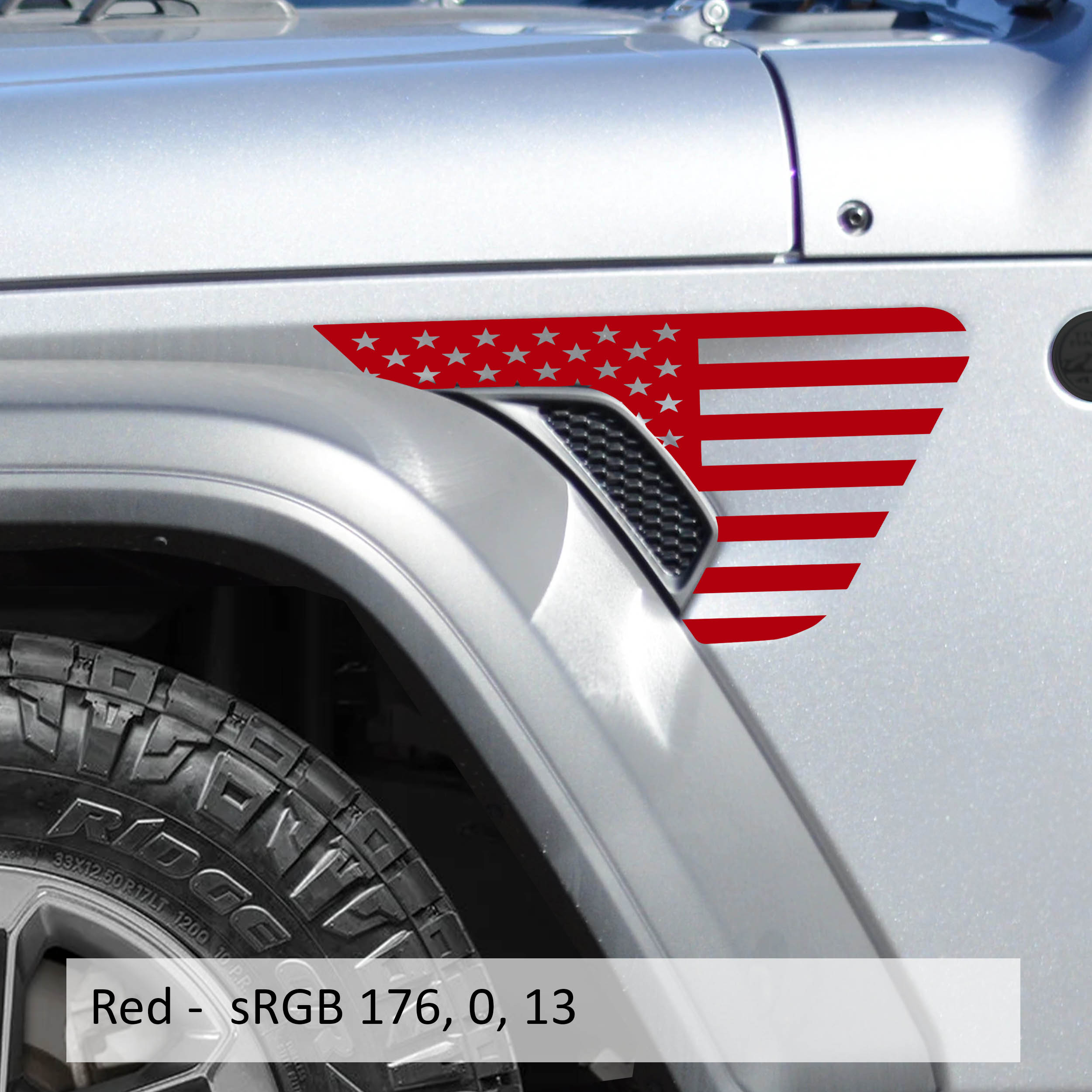 Red American flag fender vent vinyl transfer decal pictured on Jeep JL JT billet vents