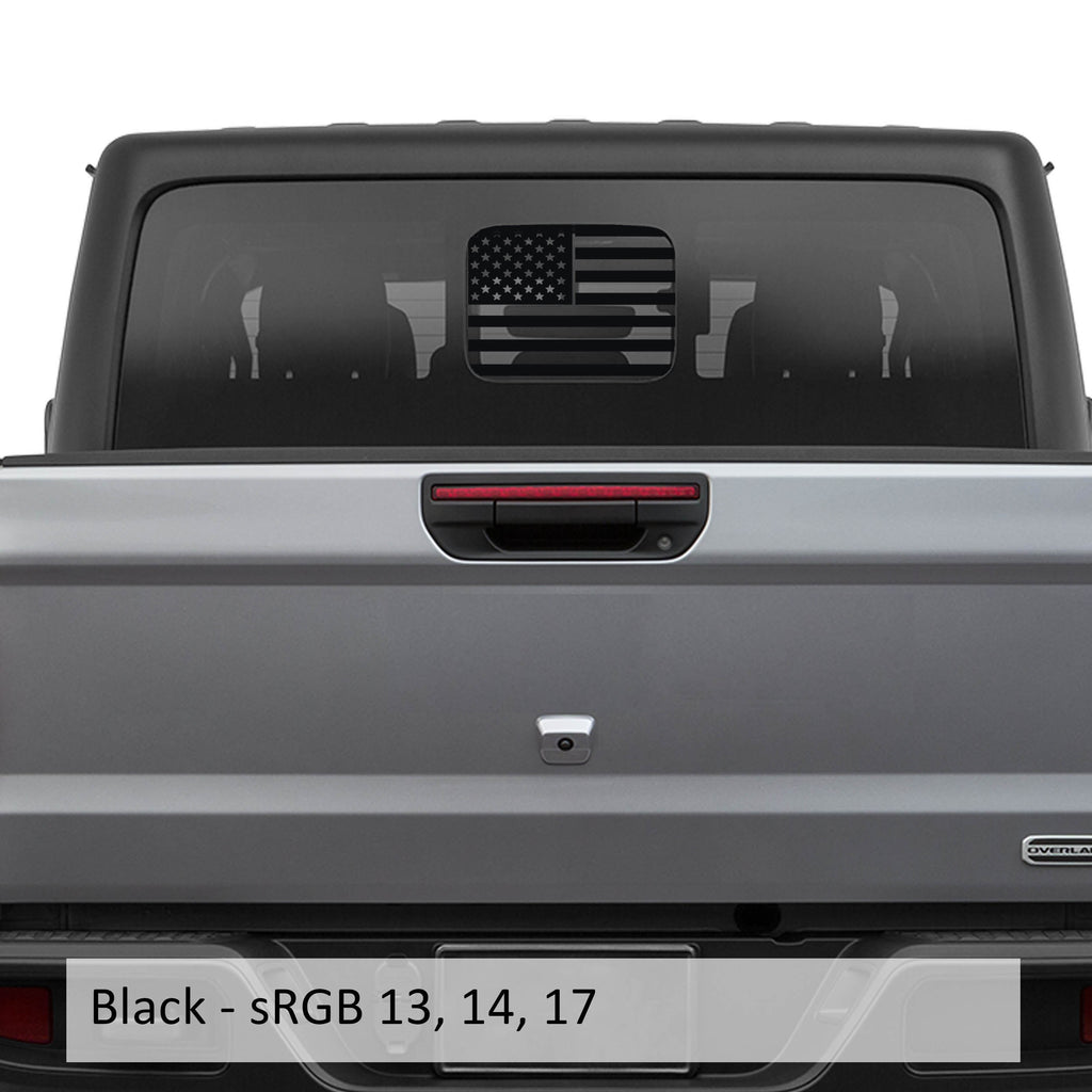 Black American flag JT rear slide window vinyl decal installed on Jeep Gladiator hard top glass