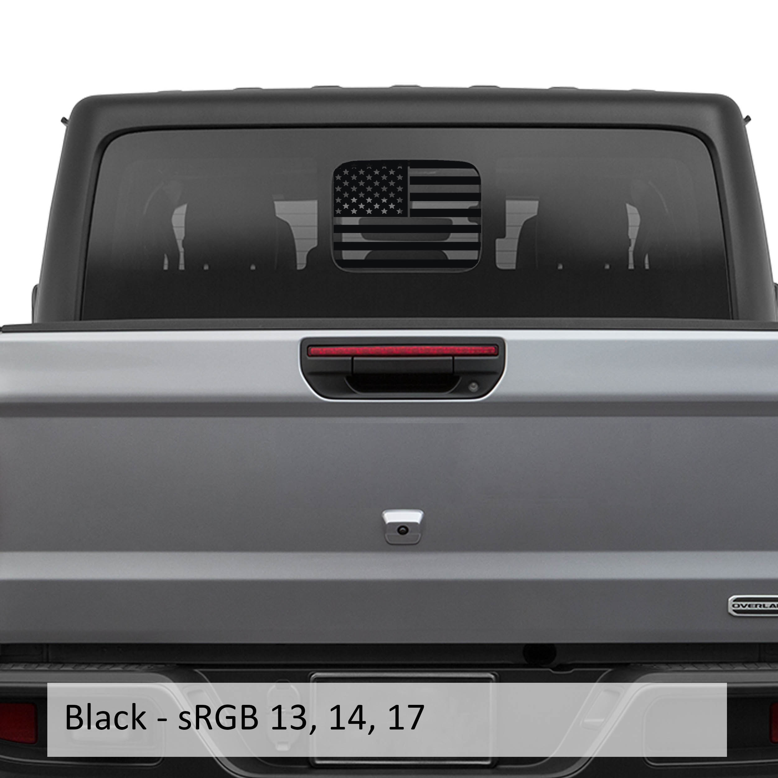Black American flag JT rear slide window vinyl decal installed on Jeep Gladiator hard top glass