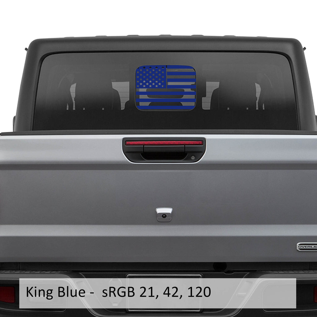 King blue American flag JT rear slide window vinyl decal installed on Jeep Gladiator hard top glass