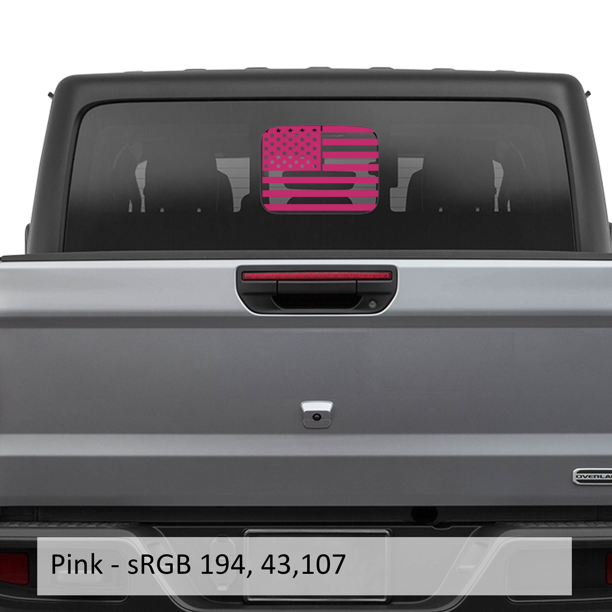 Pink American flag JT rear slide window vinyl decal installed on Jeep Gladiator hard top glass