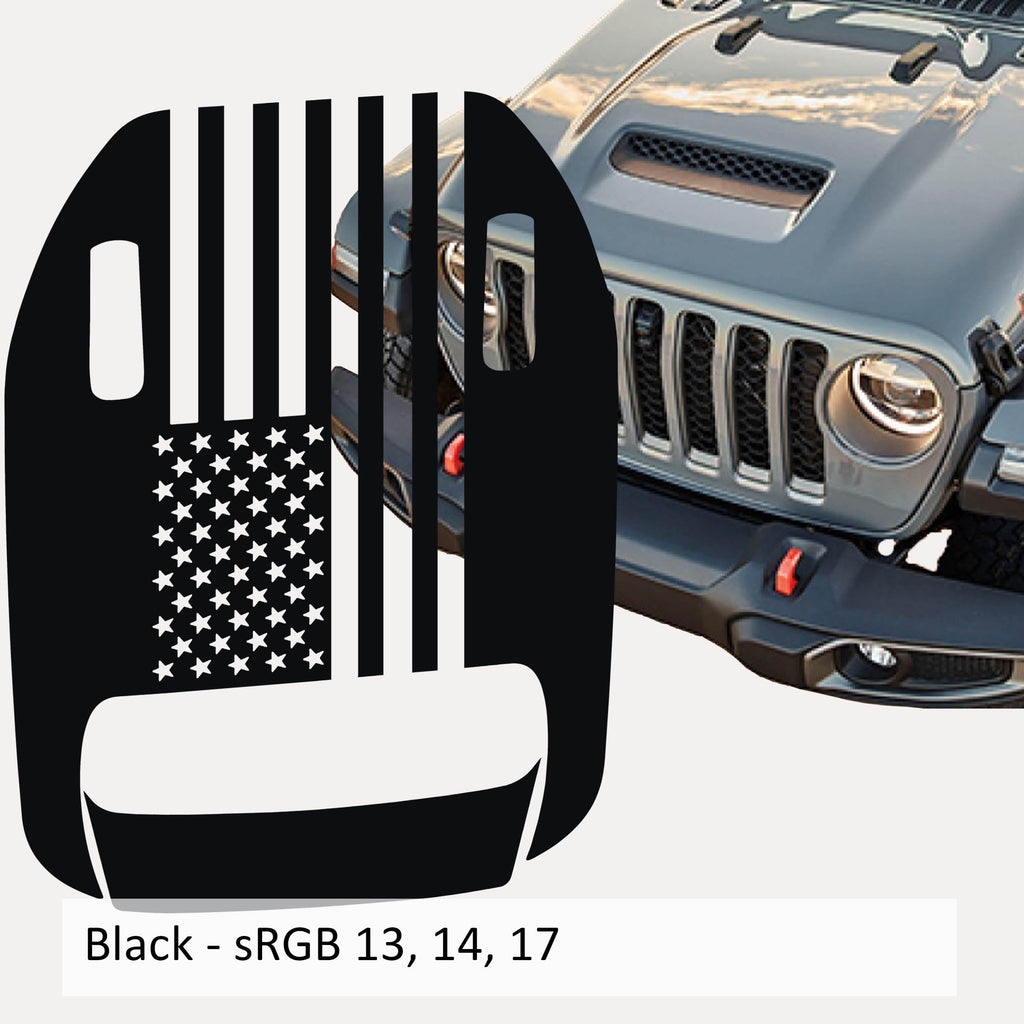Black American flag clawed foot hood vinyl decal mockup on gray Jeep Wrangler JL hood