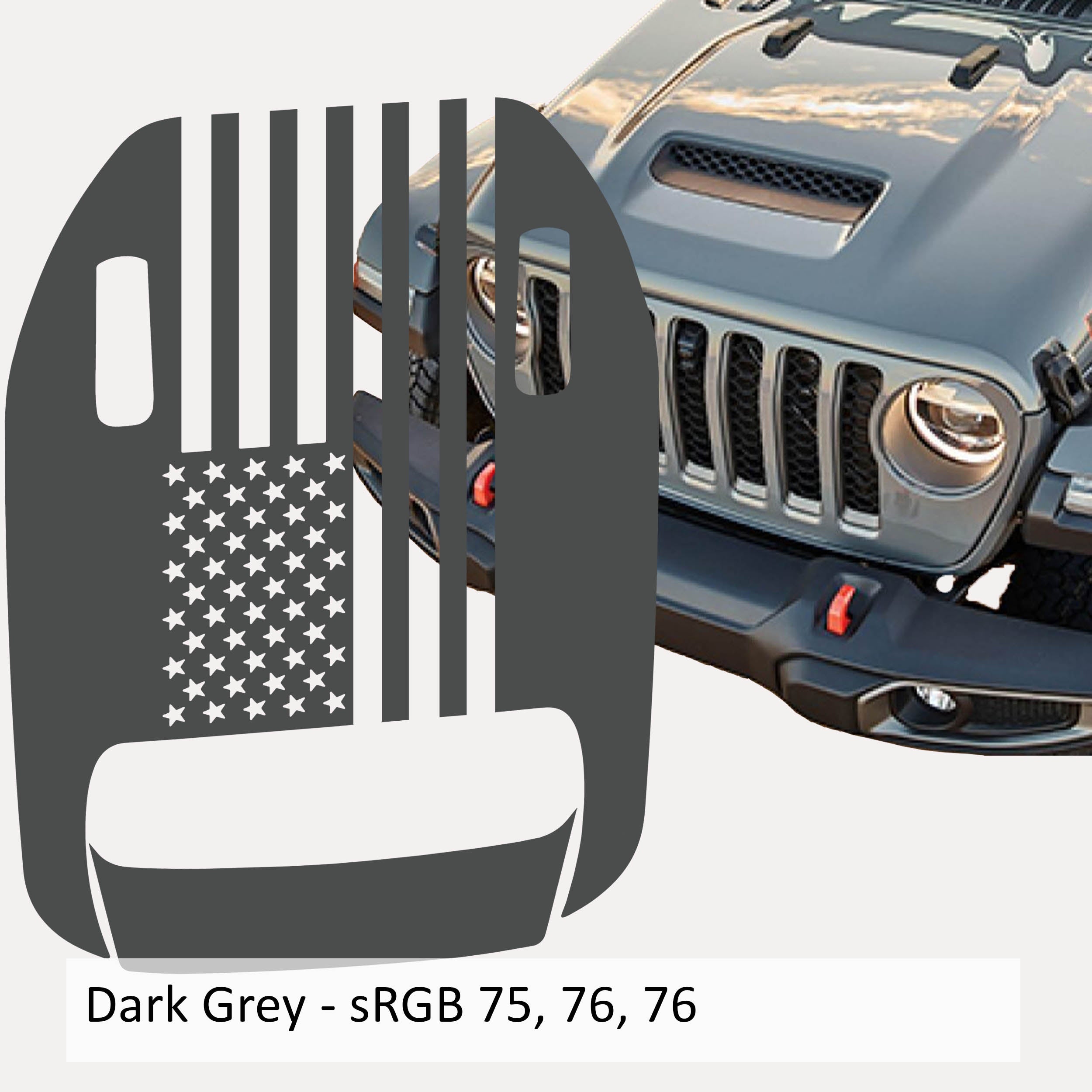 Dark gray American flag clawed foot hood vinyl decal mockup on gray Jeep Wrangler JL hood