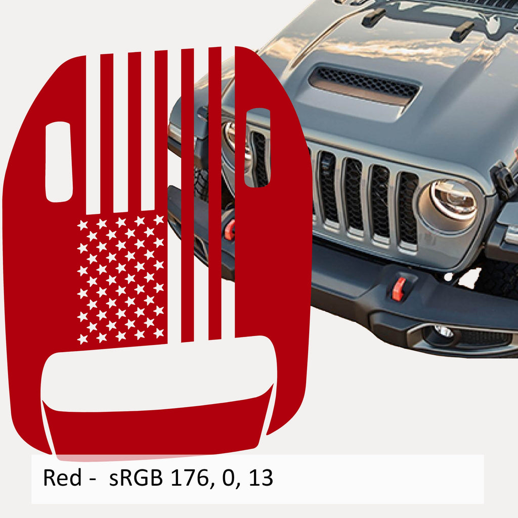 Red American flag clawed foot hood vinyl decal mockup on gray Jeep Wrangler JL hood