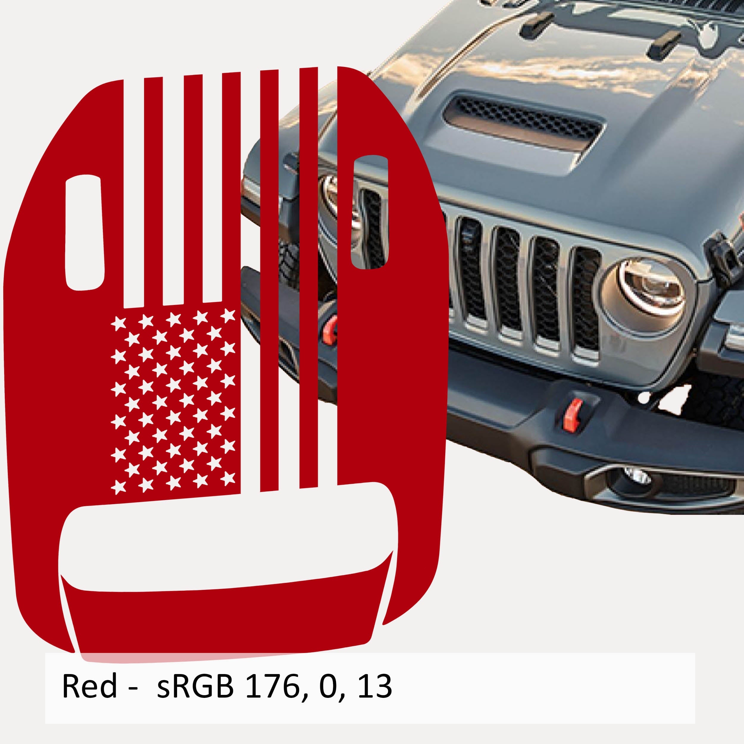 Red American flag clawed foot hood vinyl decal mockup on gray Jeep Wrangler JL hood