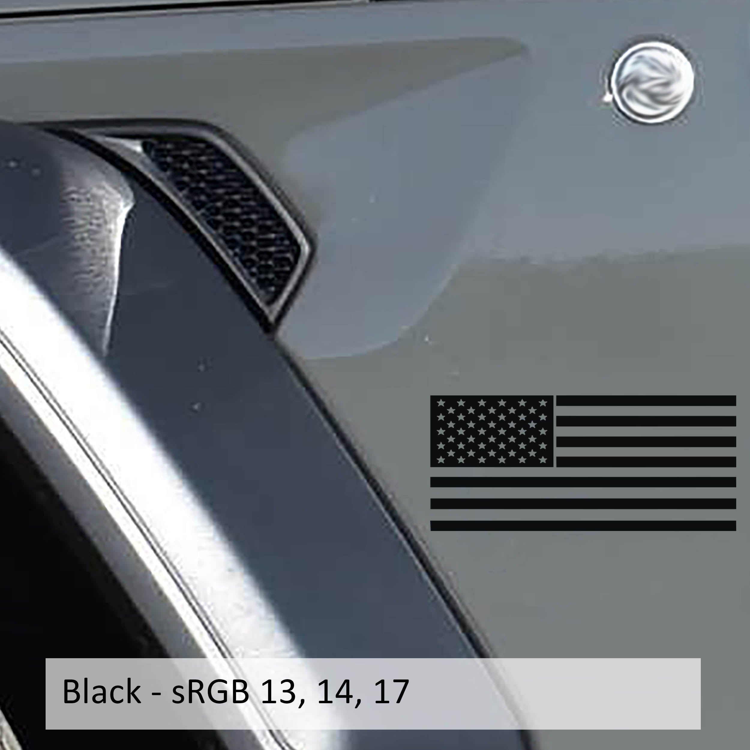 Black American flag fender decal applied to silver Jeep Wrangler JL near fuel door panel